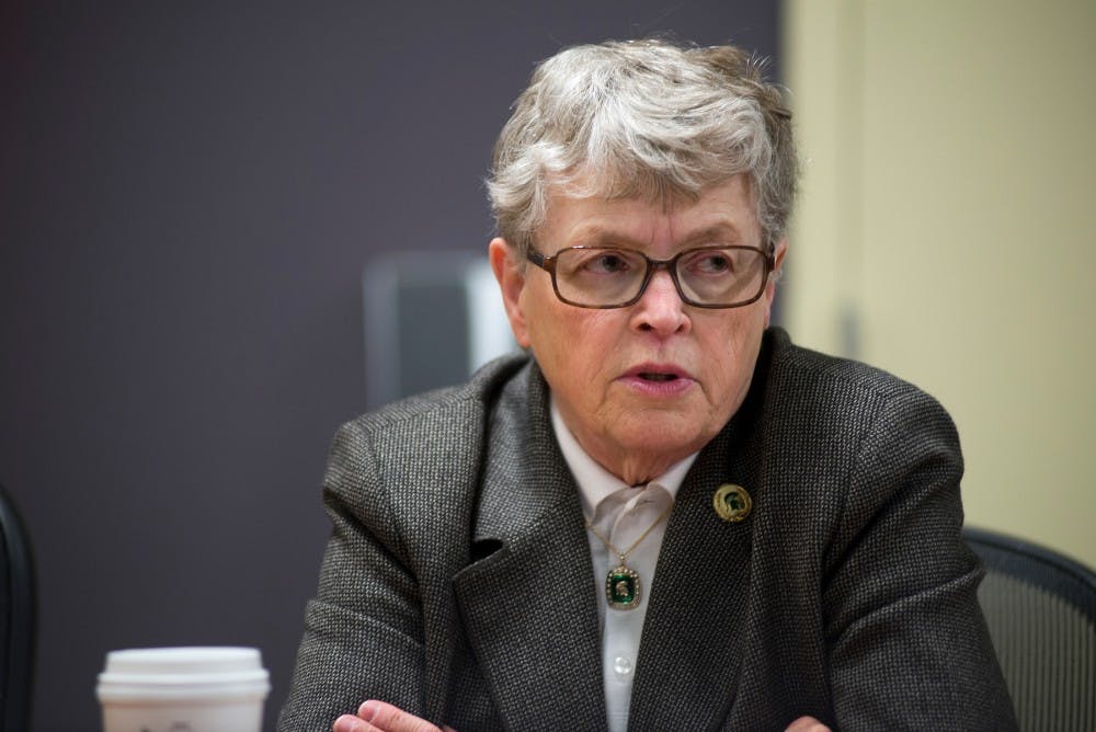 MSU president Lou Anna K. Simon speaks on March 28, 2015 at The State News at 435 E Grand River Ave. 