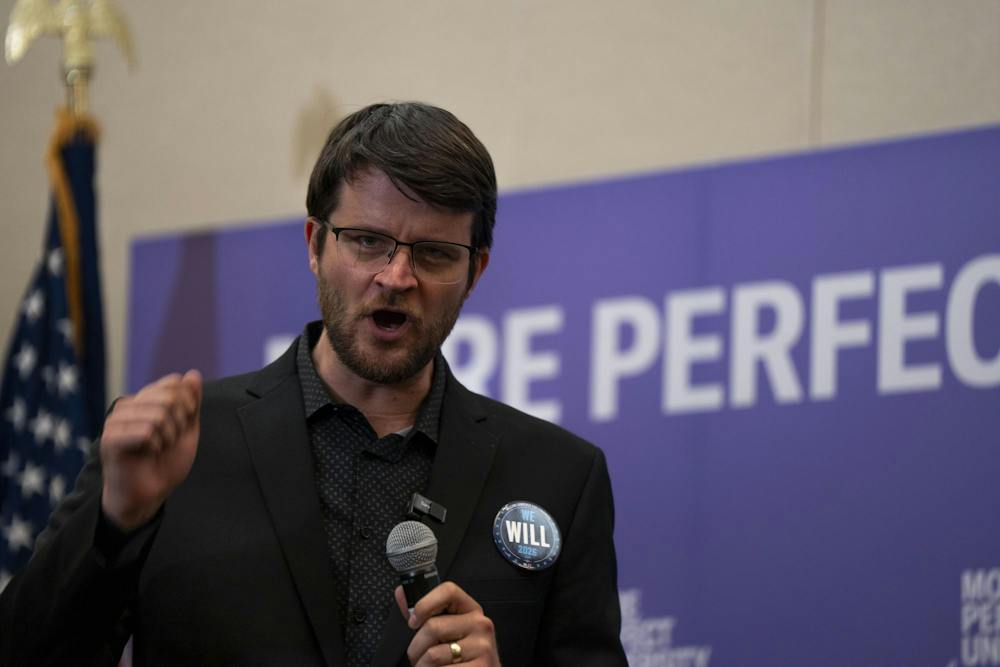 <p>Michigan's 7th Congressional District candidate William Lawrence speaks during an Abdul El-Sayed rally at the MSU Union in East Lansing, Mich., on Sept. 11, 2026.</p>