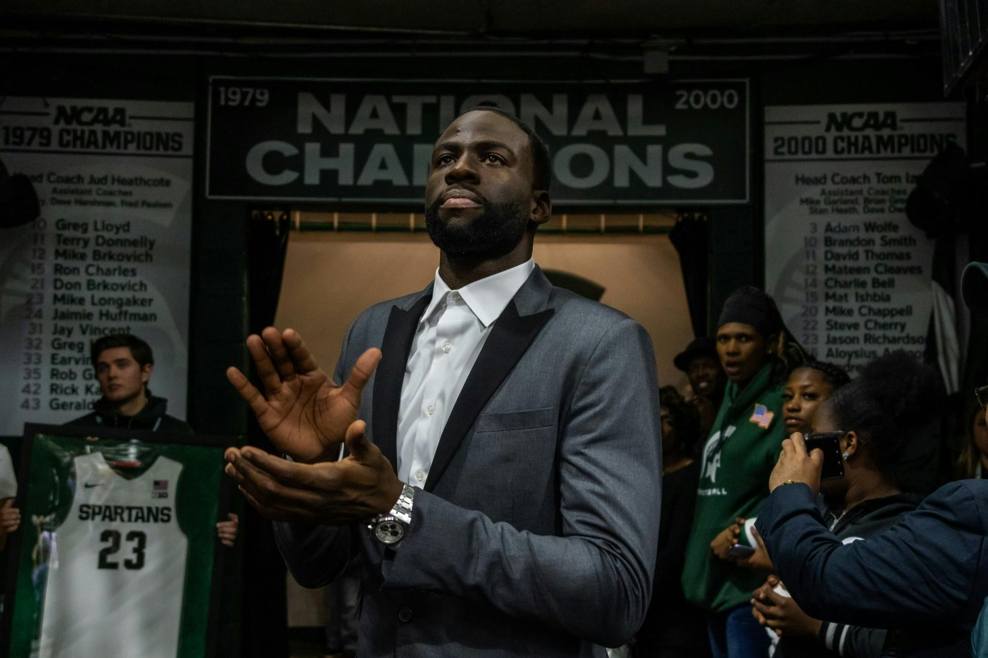 Former MSU and current Golden State Warriors basketball player Draymond Green waits to enter the arena before his number-retirement ceremony at the Breslin Student Events Center on December 3, 2019. The Blue Devils defeated the Spartans, 87-75.