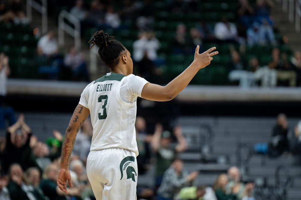 <p>Spartan senior guard Gabby Elliot (3) signals during the game against the University of Detroit Mercy at the Breslin Student Events Center on Nov. 16, 2023.</p>