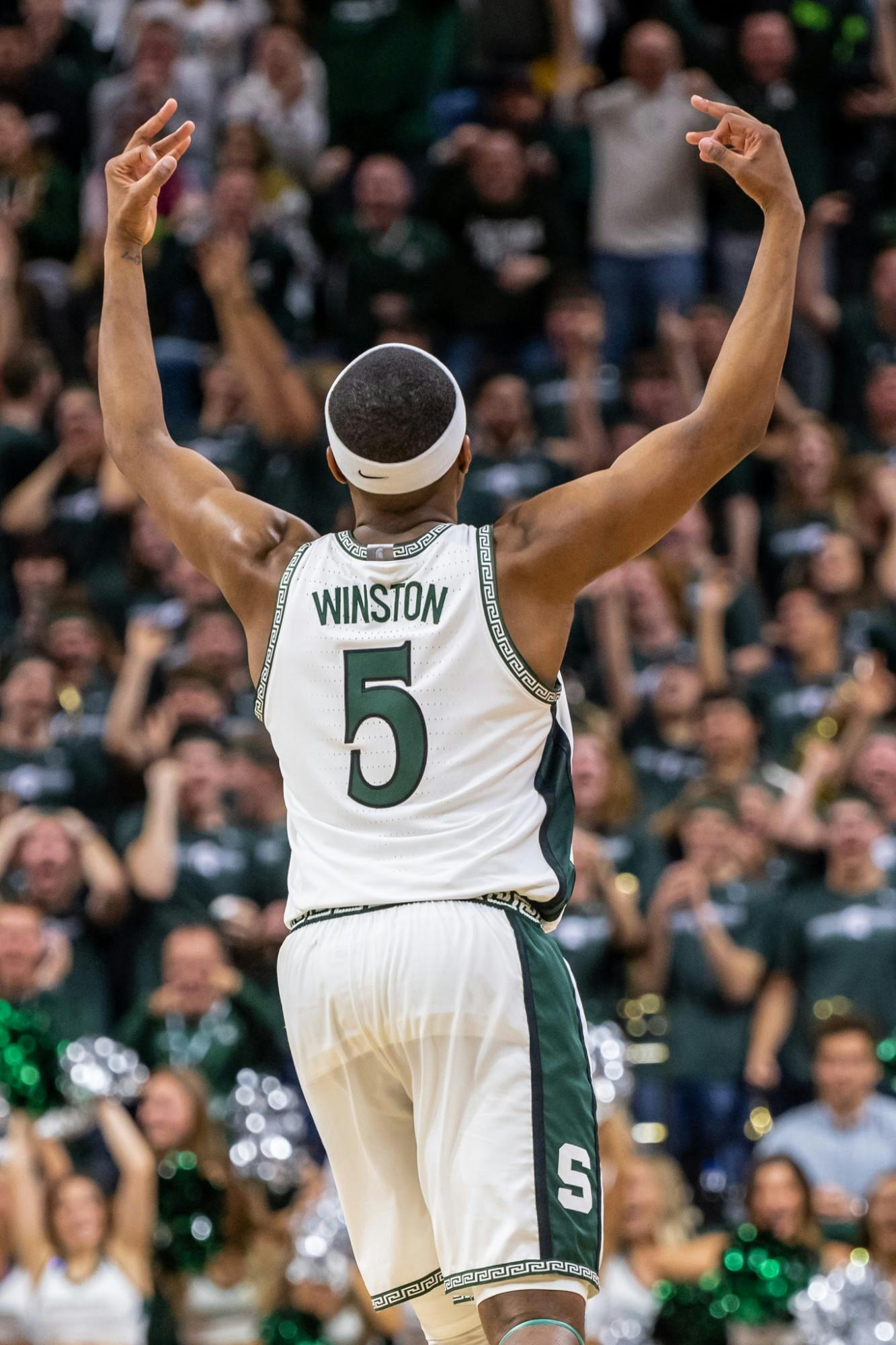 <p>Senior guard Cassius Winston celebrates hitting a three-pointer against Ohio State. The Spartans defeated the Buckeyes, 80-69, at the Breslin Student Events Center on March 8, 2020. </p>