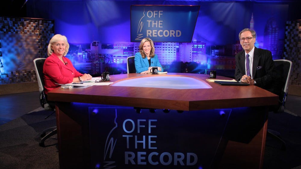 Republican nominee for secretary of state Mary Treder Lang faces Democrat Jocelyn Benson moderated by WKAR's Tim Skubick. Photo courtesy of WKAR-MSU. 