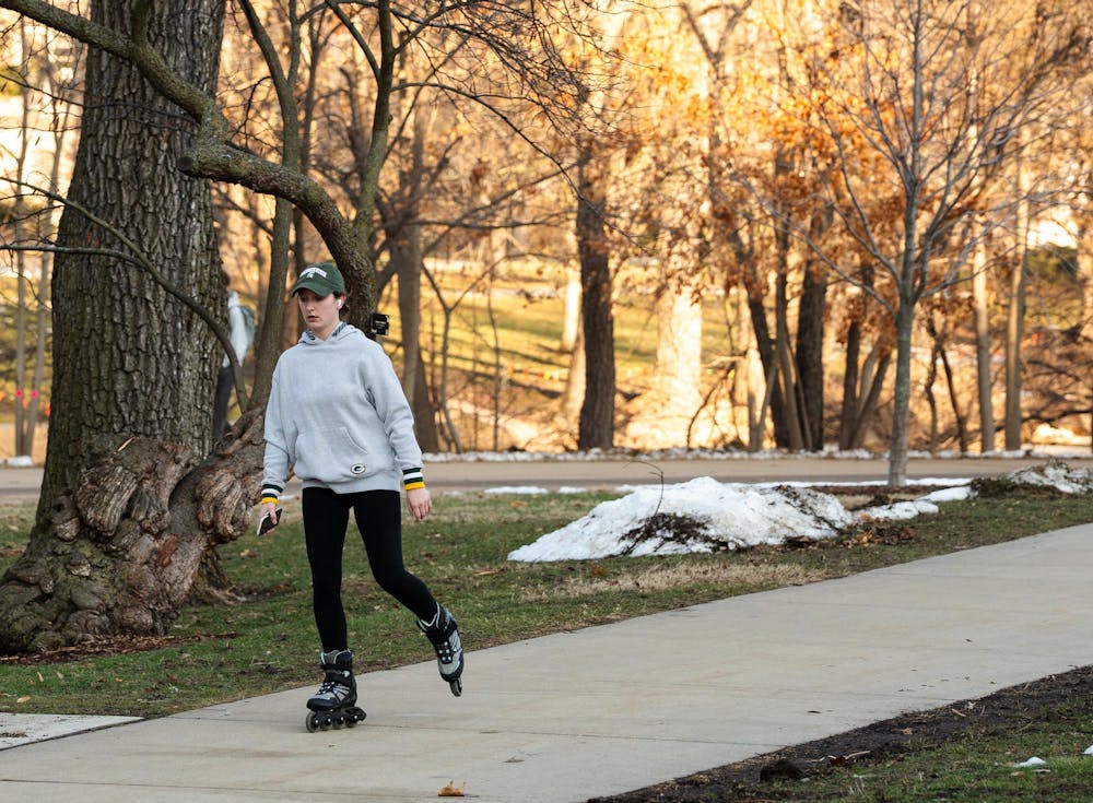 <p>Student rollerblades on MSU campus on Feb. 16, 2026, in East Lansing, Michigan.</p>