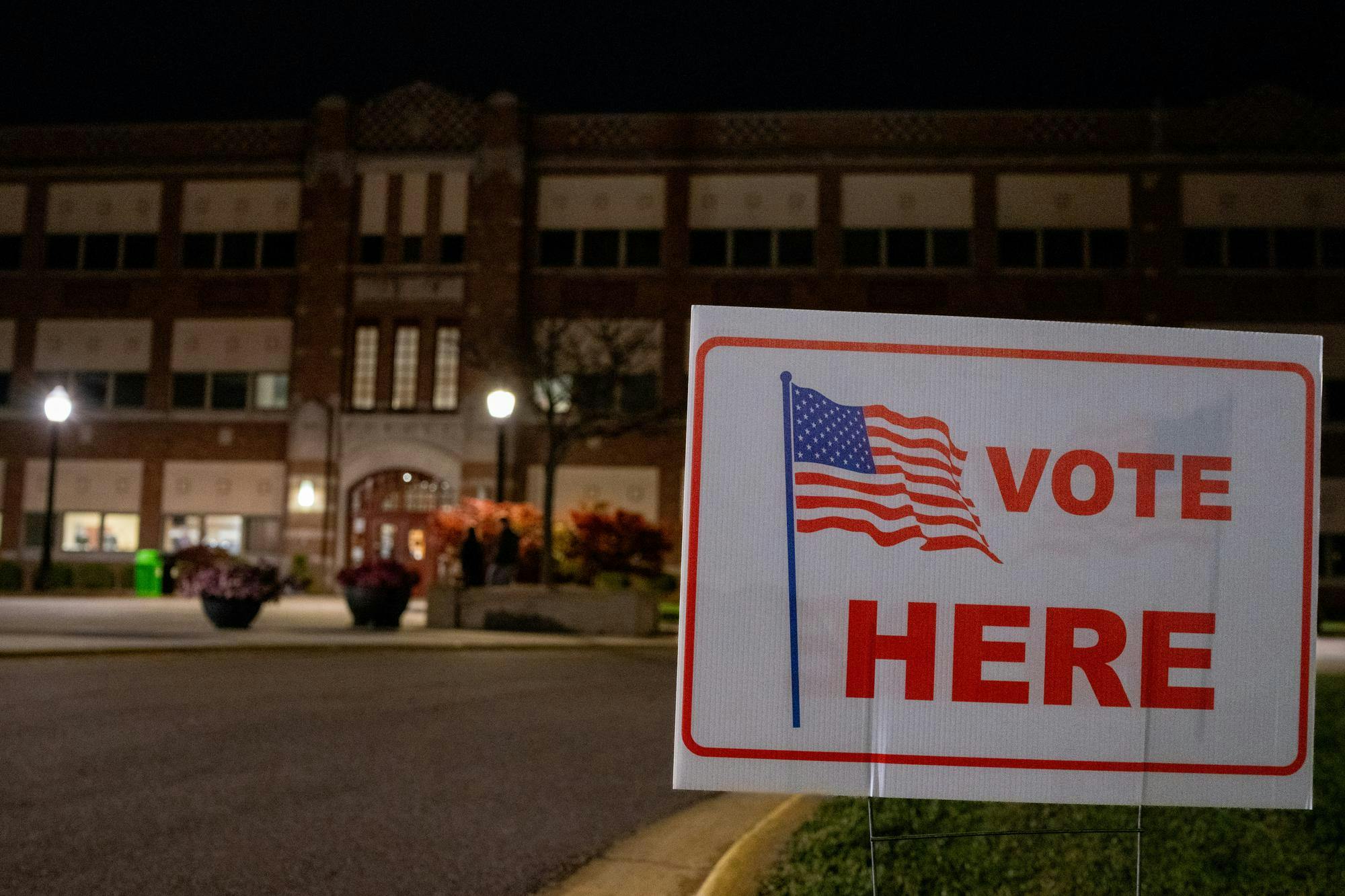 <p>"Vote Here" yard sign is pictured outside the Hannah Community Center in East Lansing, MI, on Election Day, Tuesday, Nov. 4, 2025</p>