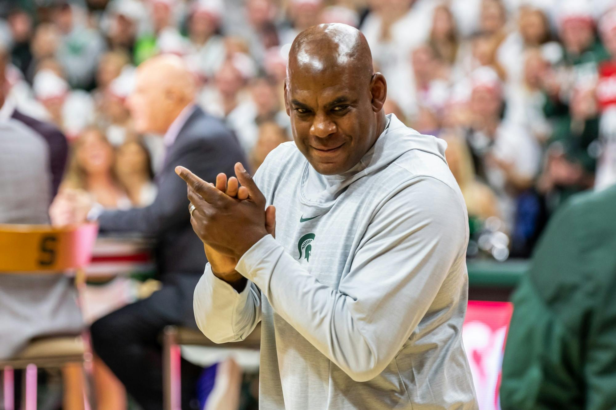 <p>New MSU football Head Coach Mel Tucker enters the Breslin Student Events Center during an airing of ESPN’s College GameDay on Feb. 15, 2020. </p>