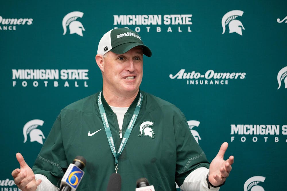 <p>Michigan State football HC, Pat Fitzgerald, answers questions during a press conference in the Skandalaris Football building in East Lansing, Mich., on Aug. 6, 2026.</p>