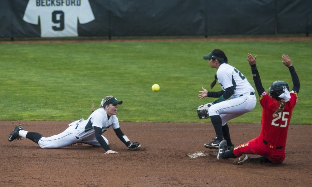 Junior short stop and second baseman McKenzie Long (22) tosses the ball to freshman short stop and second baseman Melanie Baccay (21) during the game against Maryland on March 31, 2017 at Secchia Stadium. The Spartans defeated the Terrapins, 11-3.