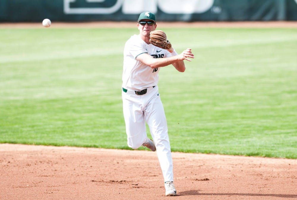 <p>Sophomore infielder Justin Antoncic (18) throws the ball during the game against Ohio State May 17, 2018 at McLane Baseball Stadium. The Buckeyes defeated the Spartans, 10-8. &nbsp;(Annie Barker | State News)</p>