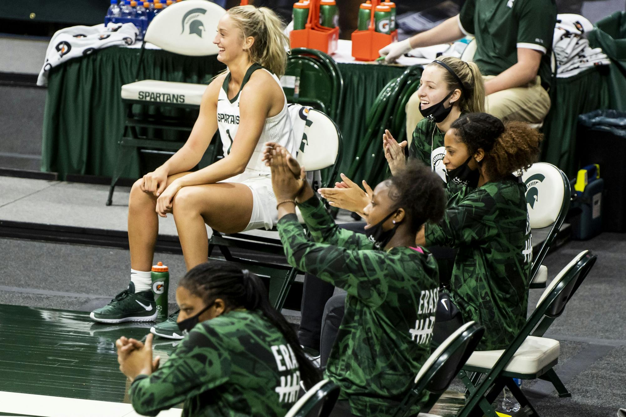 <p>Players on MSU&#x27;s women&#x27;s basketball team cheer for their teammates during their game against Detroit Mercy on Dec. 02, 2020.</p>