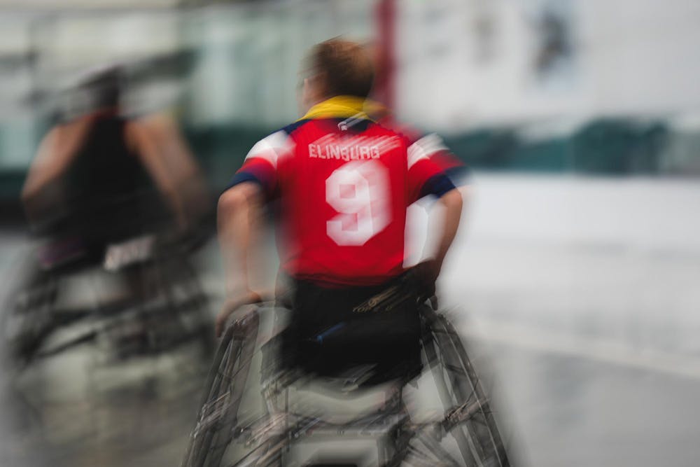 <p>A participant rolls their wheelchair at Demonstration Hall in East Lansing, MI on Feb. 8, 2026</p>