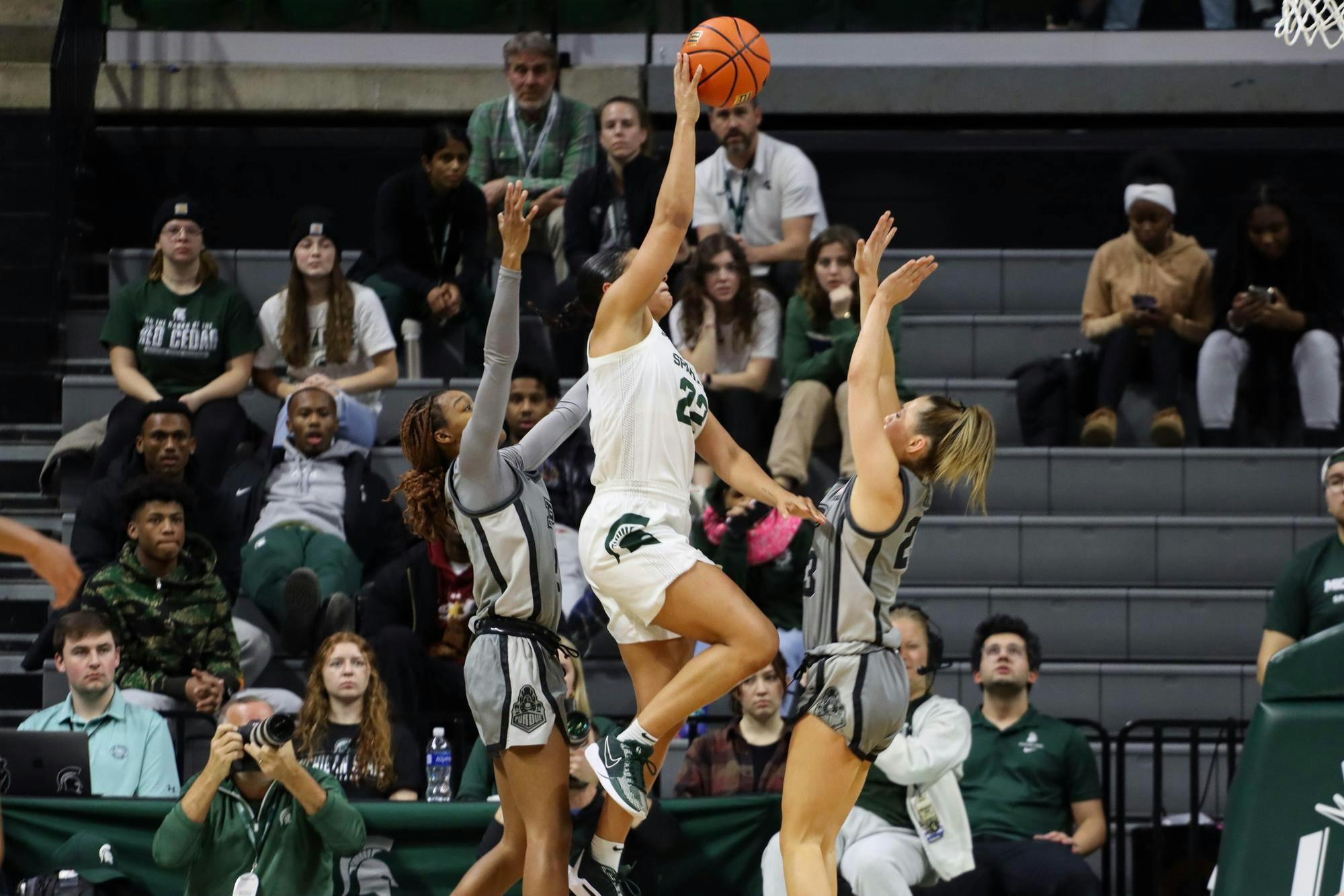 <p>Michigan State Women’s Basketball team takes on Purdue at the Breslin Center in East Lansing on Jan. 24, 2024. Graduate student Moira Joiner makes a layup for MSU.</p>