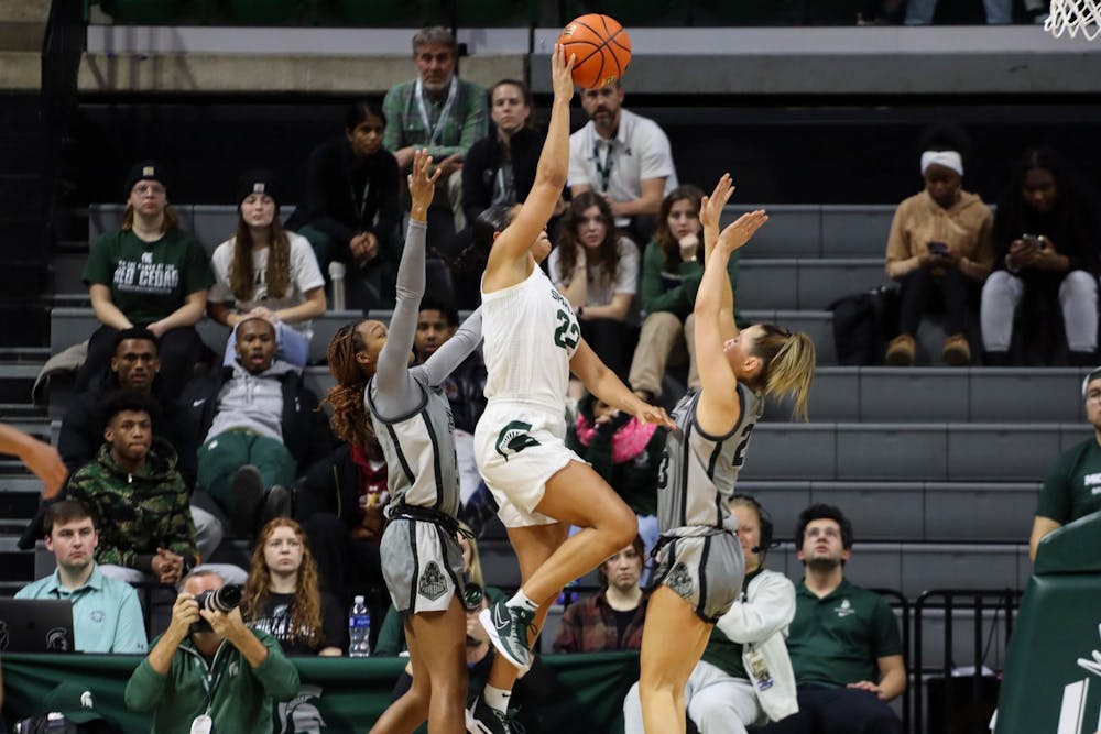 <p>Michigan State Women’s Basketball team takes on Purdue at the Breslin Center in East Lansing on Jan. 24, 2024. Graduate student Moira Joiner makes a layup for MSU.</p>
