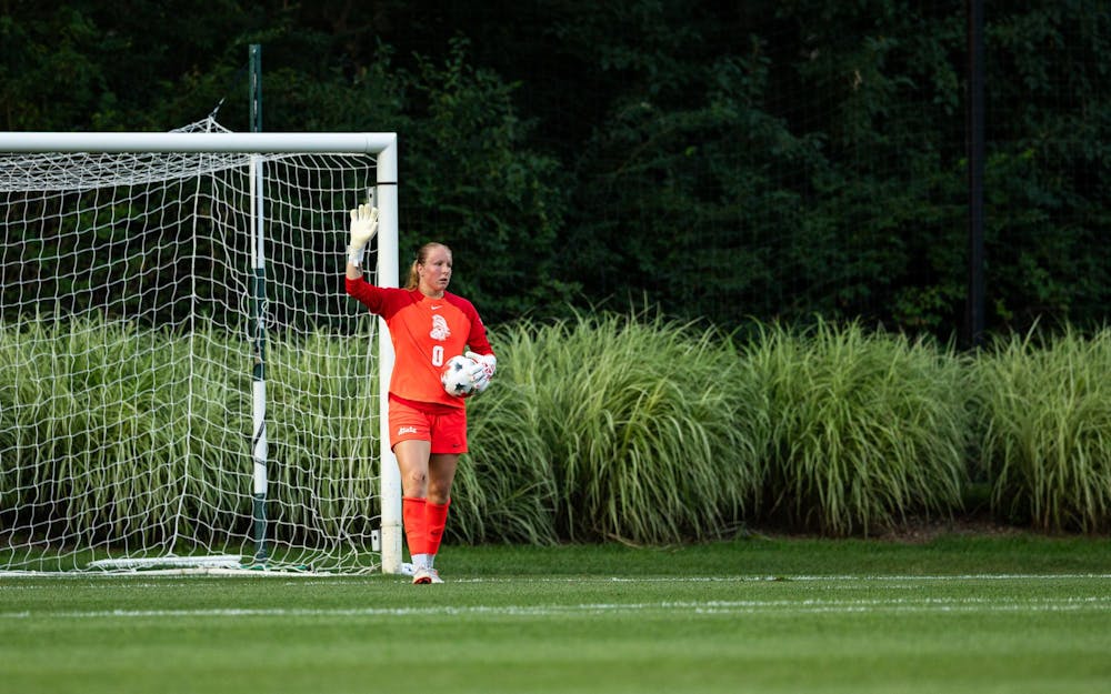 <p>Michigan State So. G, Noelle Henning (0), saves a shot on goal and waves to her team to move up the field in DeMartin Stadium in East Lansing, Mich., on Aug. 12, 2026.</p>