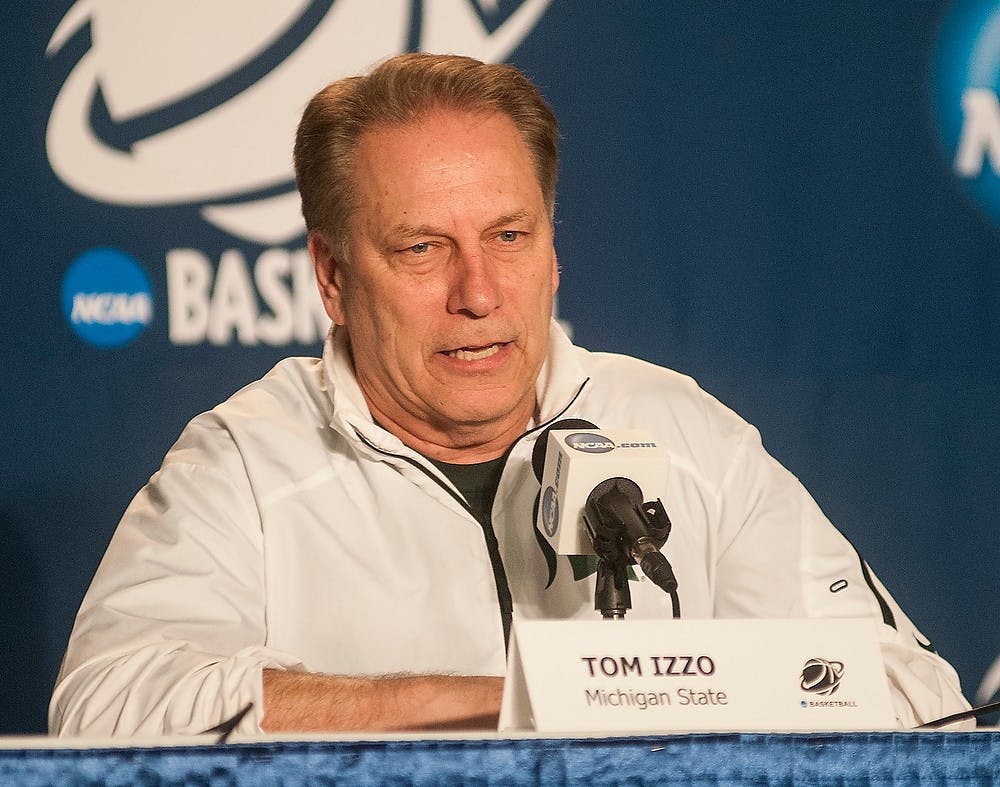 <p>Head coach Tom Izzo responds to a question Mar. 21, 2015, during a press conference at the Time Warner Cable Arena in Charlotte, NC. The Michigan State Spartans will take on the Virginia Cavaliers in the Round of 32, Sunday, Mar. 22 at 12:10 pm EST. Alice Kole /The State News</p>