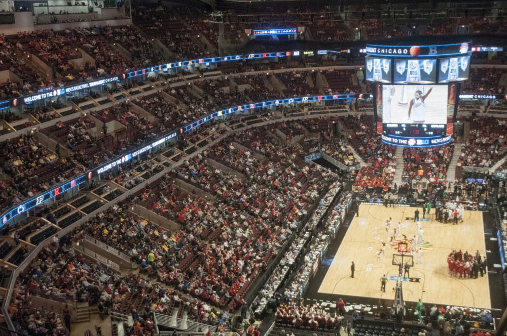 <p>Spartan fans begin taking their seats as Indiana and Maryland play in the ninth game of the Big Ten Tournament on Mar. 13, 2015, at United Center in Chicago. The fans waited for the Spartans to take on the Ohio State Buckeyes in Game 10, scheduled to begin 25 minutes after Game 9. </p>