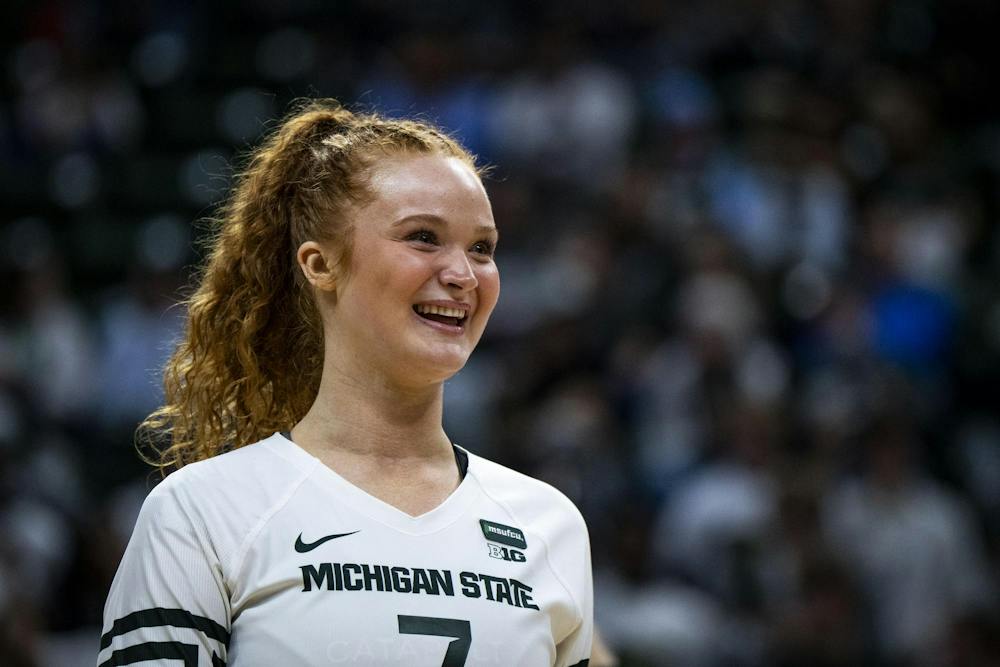 <p>Michigan State sophomore setter Malayah Long (7) smiles after scoring a point during a match at Breslin Center in East Lansing, Mich., on Friday, Sept. 25, 2026.</p>