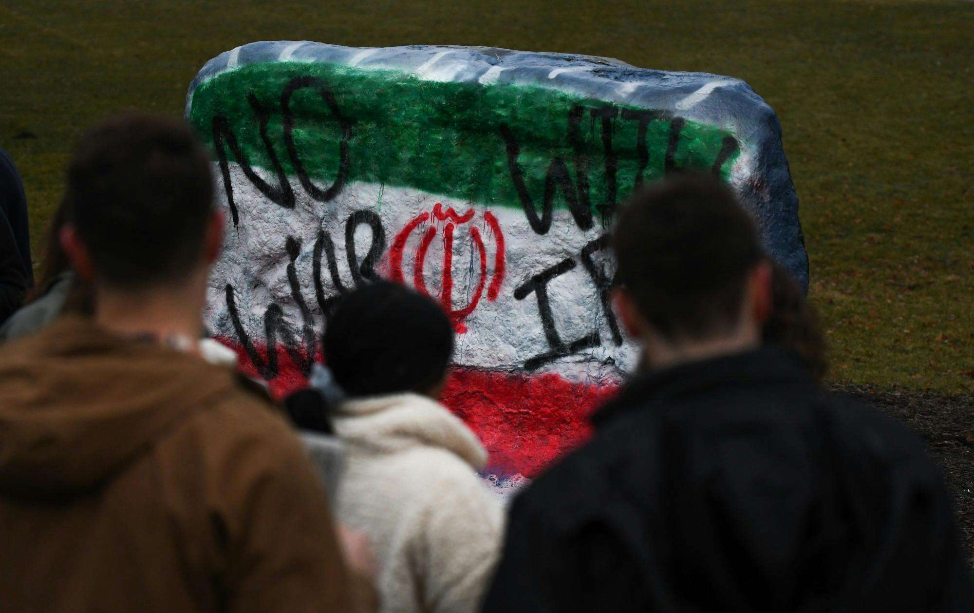 <p>The Rock on Farm Lane is painted with &quot;No War With Iran&quot; for a protest against war in Iran on January 10. </p>