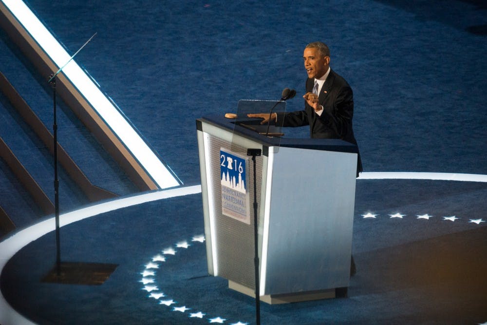 President Barack Obama gives a speech on July 27, 2016, the third day of the Democratic National Convention, at Wells Fargo Arena in Philadelphia.