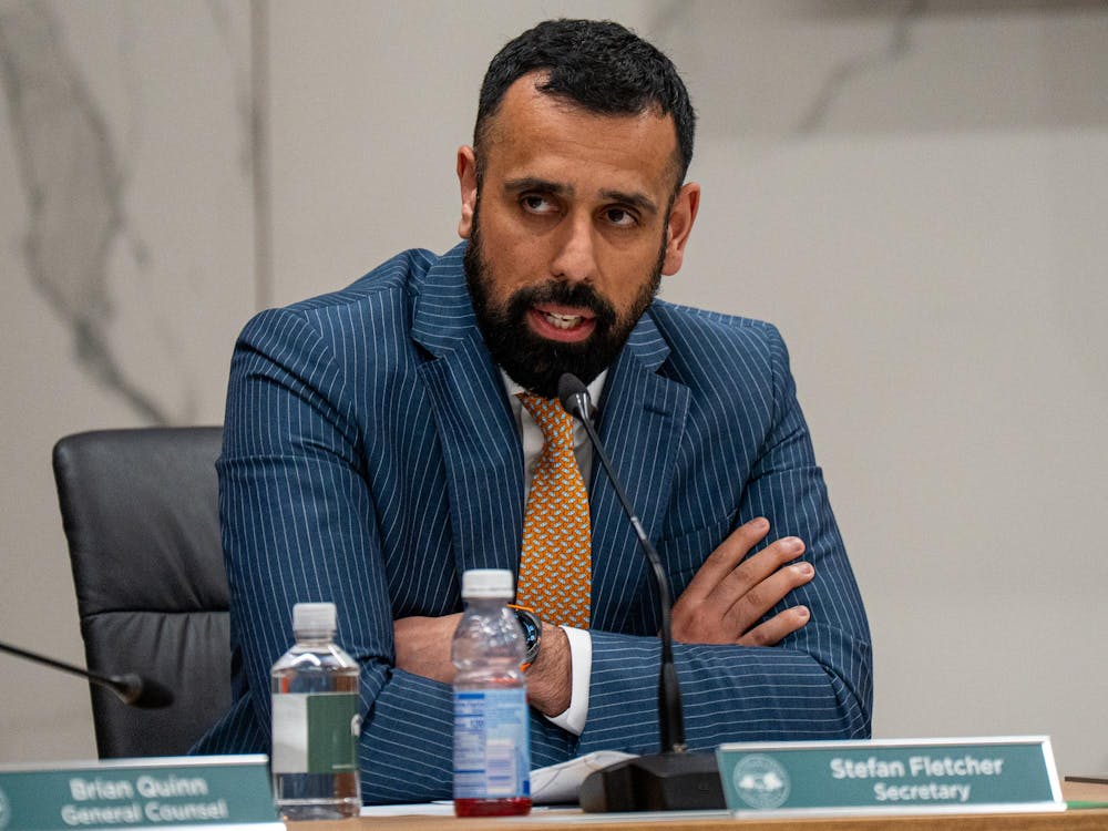 Michigan State University Board Secretary Stefan Fletcher addresses the board at Hannah Administration Building in East Lansing, Michigan on Friday, April 10, 2026. 