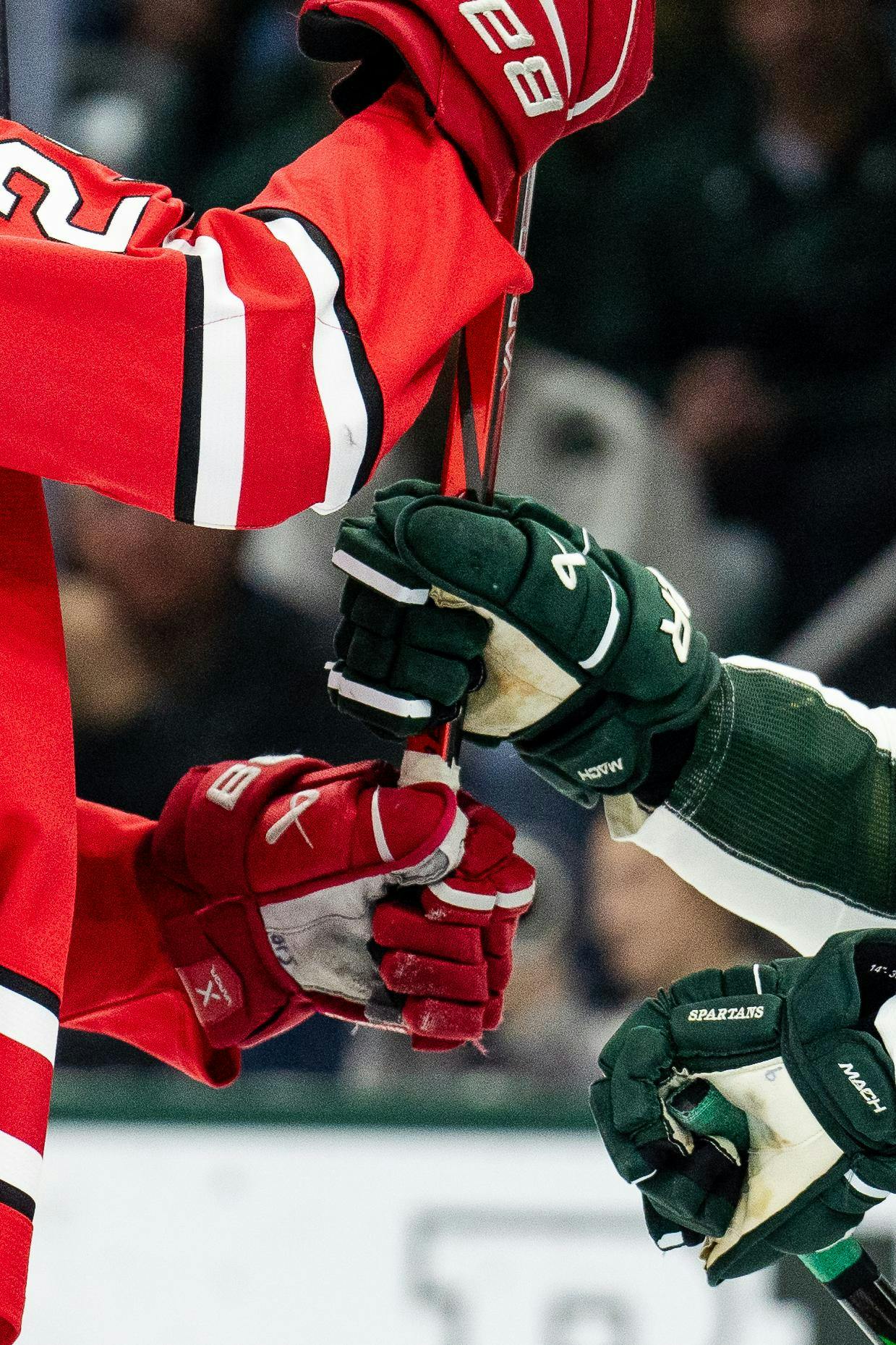 <p>A Michigan State player grabs the stick of an Ohio State player at Munn Ice Arena on Nov. 9, 2024. Michigan State takes the win with 4-1.</p>