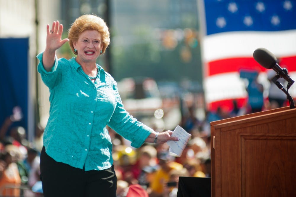 Senator Debbie Stabenow, D-Mich., introduces Vice President Joe Biden on Monday, Sept. 3, 2012 in downtown during a campaign stop on Labor Day. Justin Wan/The State News
