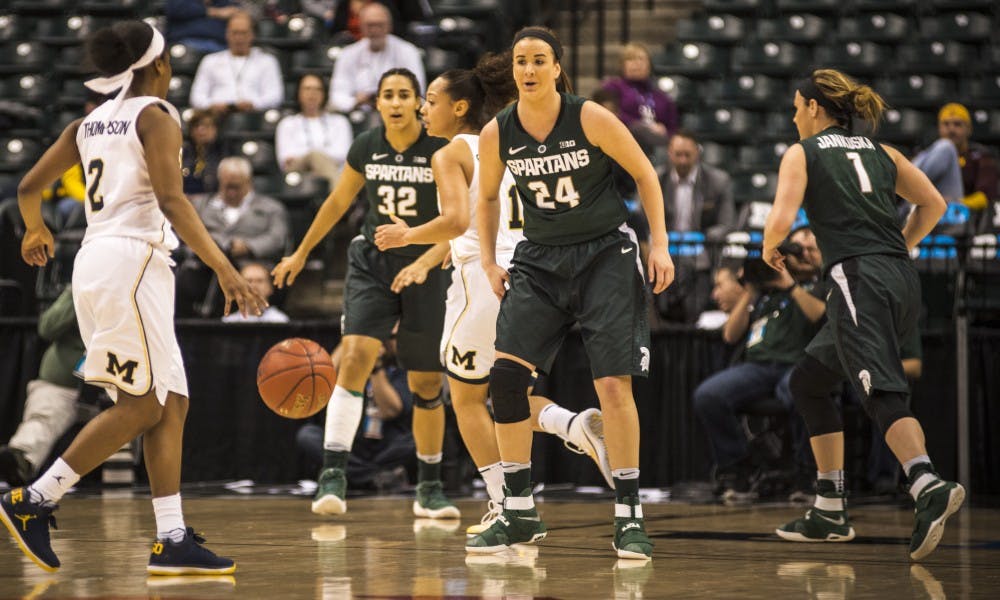 Guard and forward Lexi Gussert (24) prepares to stop Michigan guard Siera Thompson (2) during the game against the University of Michigan in the third round of the women's Big Ten Tournament on March 4, 2017 at Bankers Life Fieldhouse in Indianapolis. The Spartans defeated the Wolverines, 74-64.