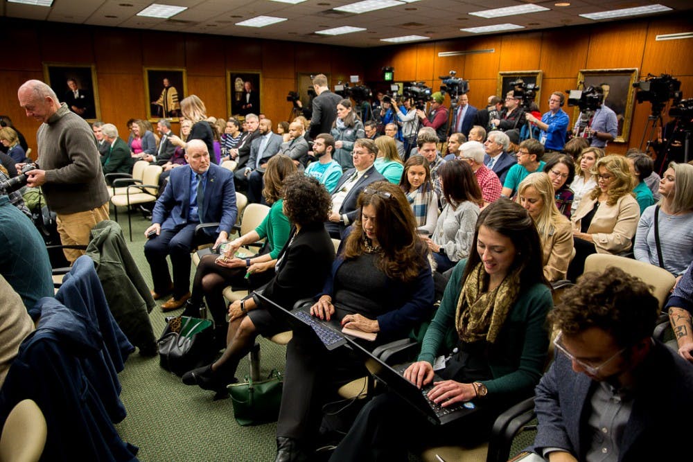 A packed room of media and community members during a Board of Trustees meeting on Jan. 13, 2019 at the Hannah Administration Building. Satish Udpa was named the new interim president.