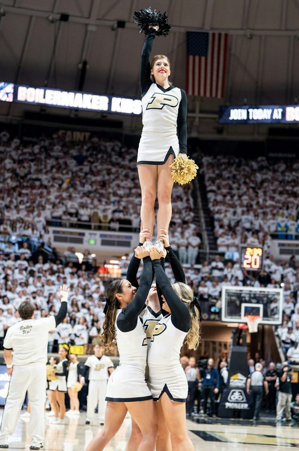 <p>The Purdue Cheerleading team cheers on the men's basketball team and hypes up the crowd during a game against MSU at Mackey Arena on Jan. 29, 2023. The Spartans lost to the Boilermakers 77-61.</p>