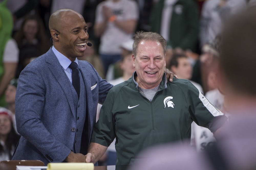 <p>College GameDay&#x27;s Jay Williams shakes hands with men&#x27;s basketball Head Coach Tom Izzo during ESPN&#x27;s College GameDay on Feb. 2, 2019, at the Breslin Center. Nic Antaya/The State News</p>