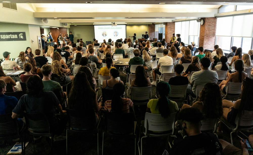 <p>A large group of students attend the MSU Dems club meeting in Case Hall in East Lansing, Mich., on Tuesday, September 1st, 2026.</p>