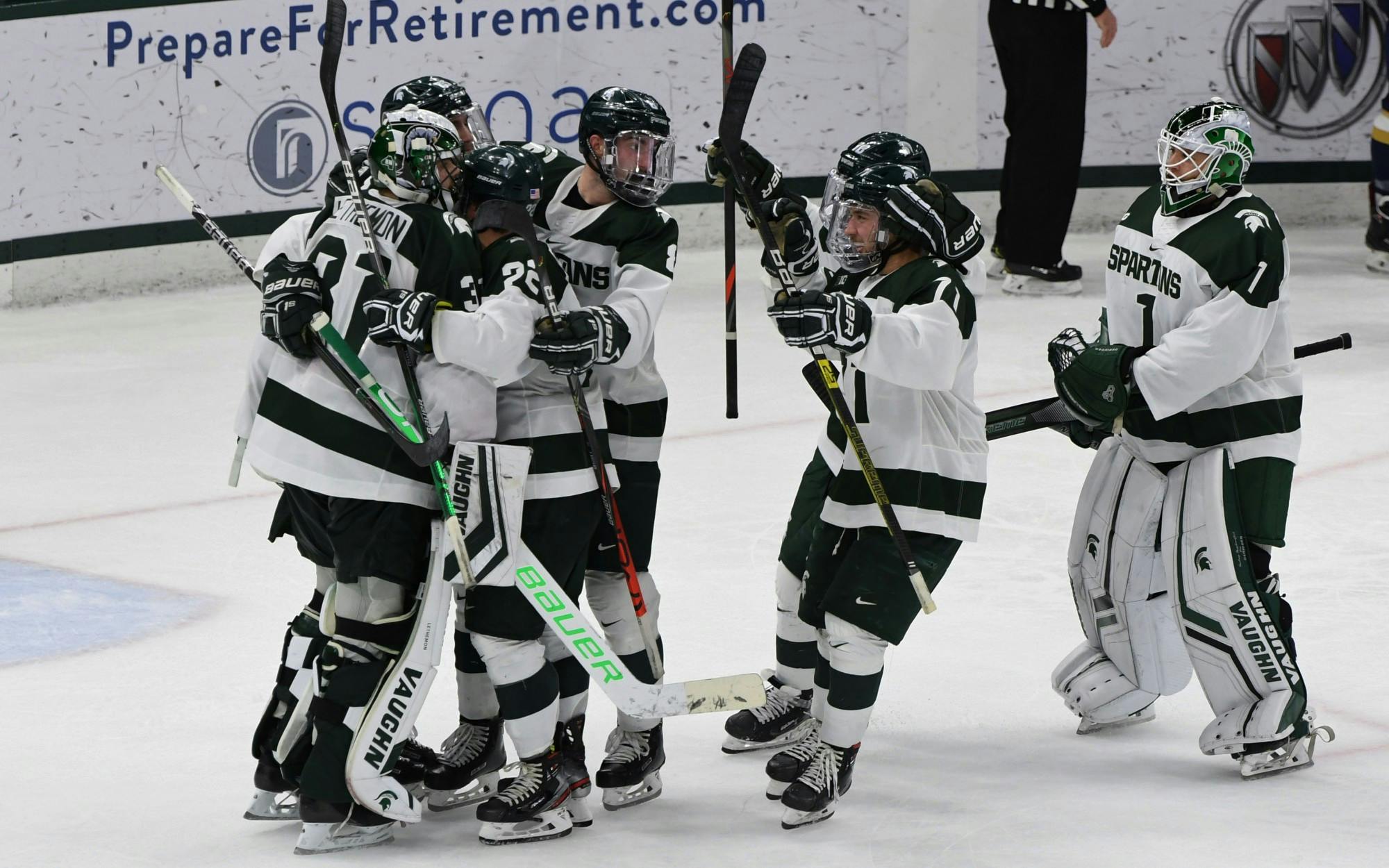 <p>As the buzzer sounds at Munn Ice Arena, it was official: The Spartans upset the Fighting Irish, 3-2, on Nov. 23, 2019. Two goals went to senior right wing Sam Saliba (10) and one goal went to Logan Lambdin (71).</p>