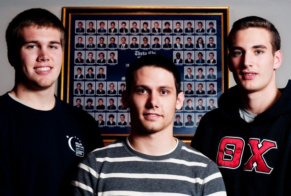 The Theta Chi executive council, from left, general management sophomore and president Kyle Lokar, marketing sophomore and vice president Greg Marker, human biology and secretary Mitchell Goodrich and human resource management sophomore and treasurer Isaiah Bosma (not pictured) are responsible for managing a 97 member fraternal organization. It's a great learning experience where you meet your best friends for the rest of your life Lokar said. Josh Radtke/The State News