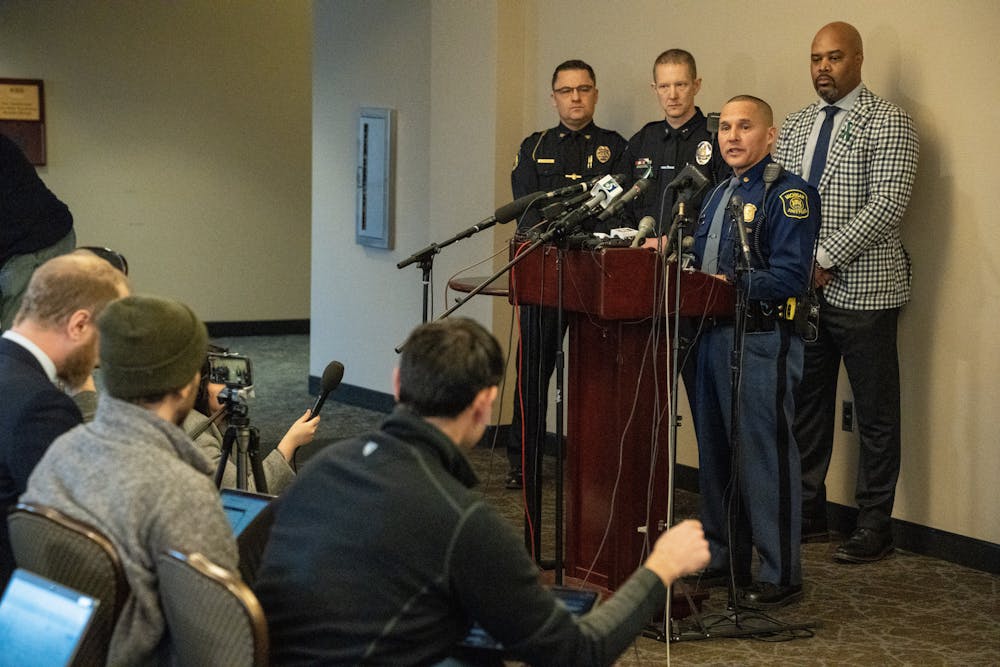 <p>Michigan State Police Lieutenant Rene Gonzalez speaks to the press on Feb. 16, 2023.</p>