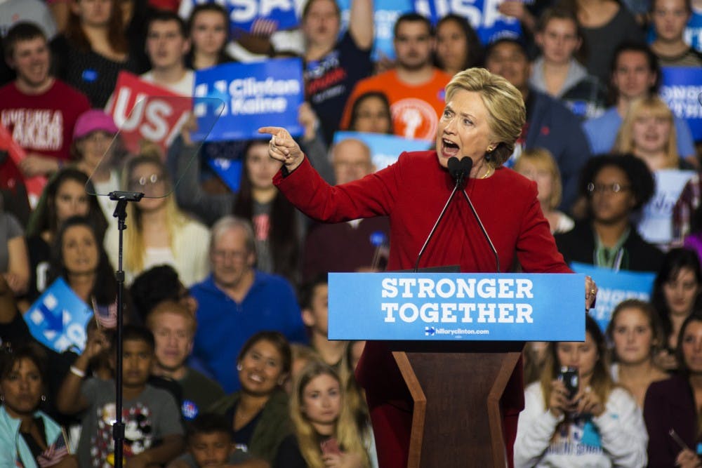 Democratic presidential nominee Hillary Clinton gives a speech on Nov. 7, 2016 at the Grand Valley State University Fieldhouse in Allendale, Mich. Allendale was one of four stops that Clinton made on Nov. 7. 