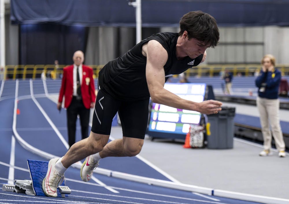 <p>A runner starts sprinting at the Silverston Invitational track and field competition held in Ann Arbor, Mich. on Feb. 20, 2026.&nbsp;</p>
