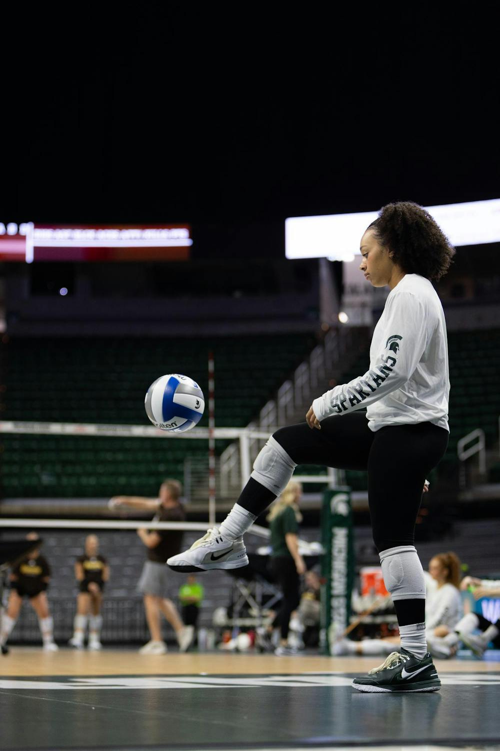 <p>Michigan State senior defensive specialist (5) juggles the ball during warmups against Western Michigan University at the Breslin Center on Tuesday, Sept. 8, 2026.</p>