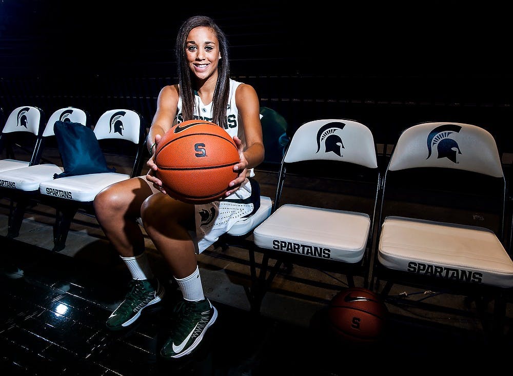 	<p>Junior guard Klarissa Bell holds a basketball for a portrait on Monday, Oct. 8, 2012, at Breslin Center during media day. Justin Wan/The State News</p>