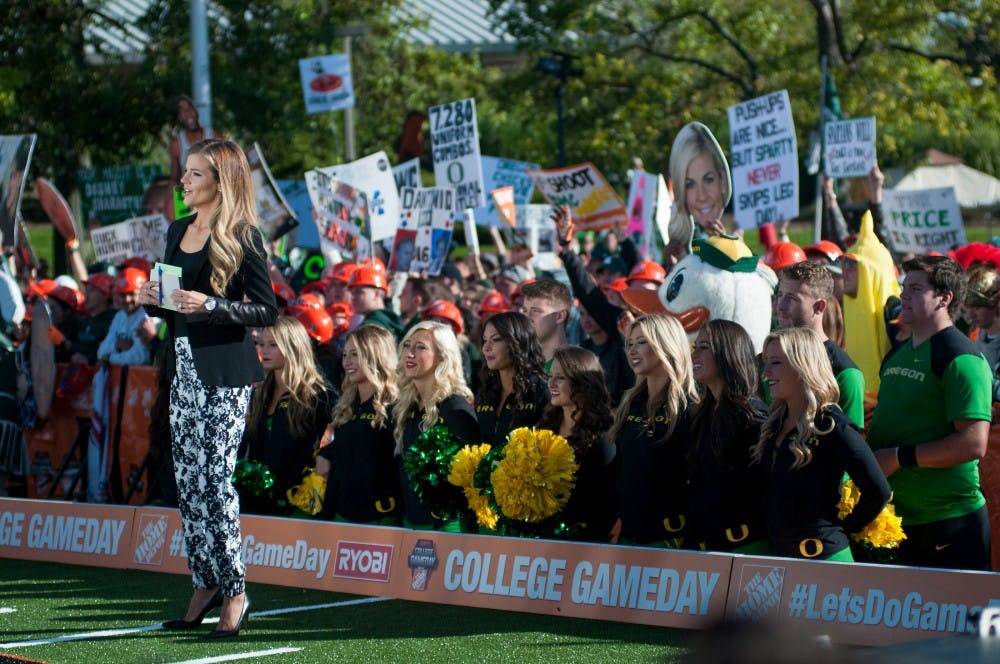 <p>College Gameday host Samantha (Steele) Ponder reports Sept. 12, 2015, at ESPN's College Gameday at Munn field. Hundreds of students arrived early in the morning for a chance to see the live taping. Jack Stephan/ The State News</p>
