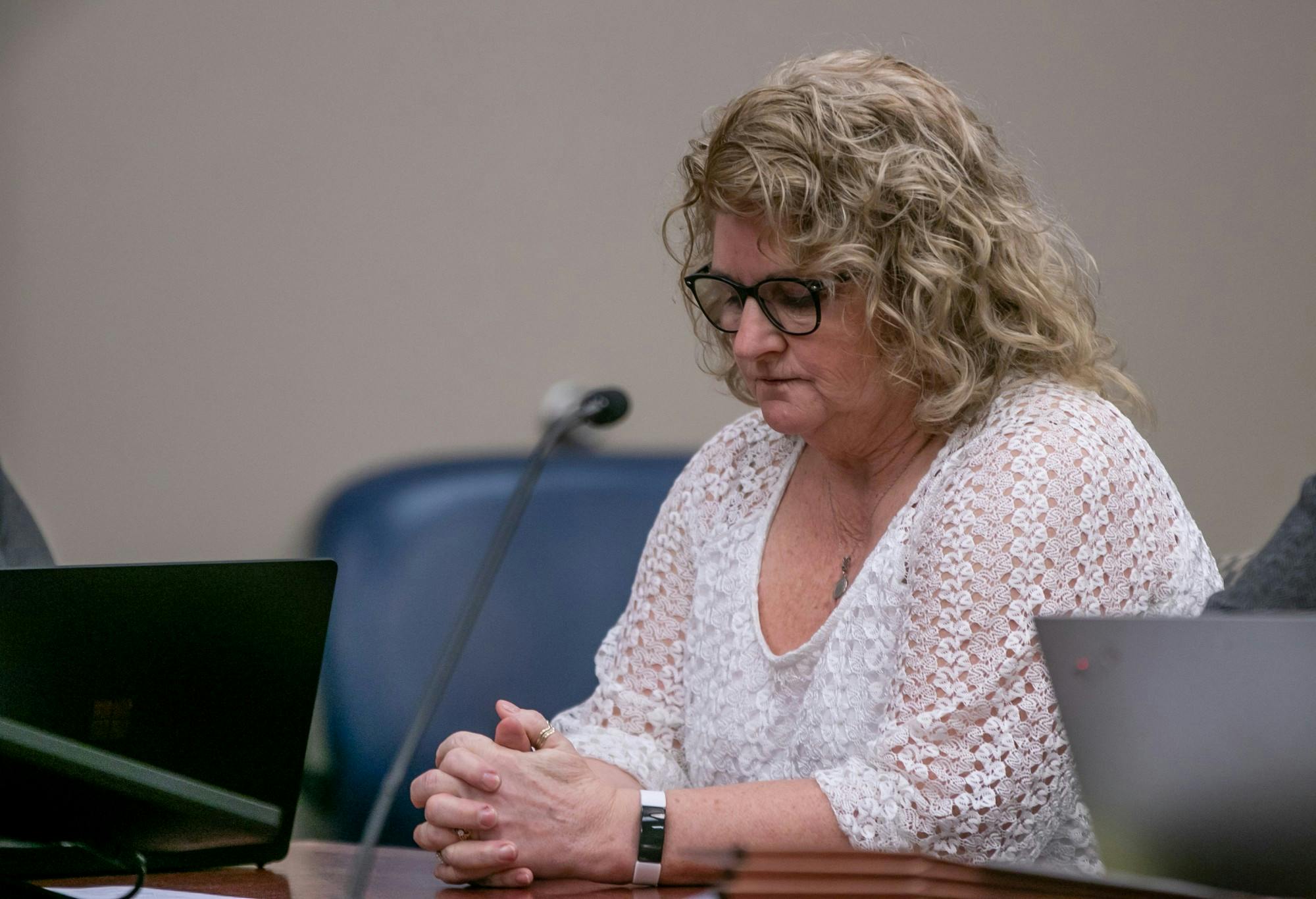 <p>Former MSU gymnastics coach Kathie Klages sits at a motion to strike an expert witness at Veterans Memorial Court on Feb. 5, 2020.</p>