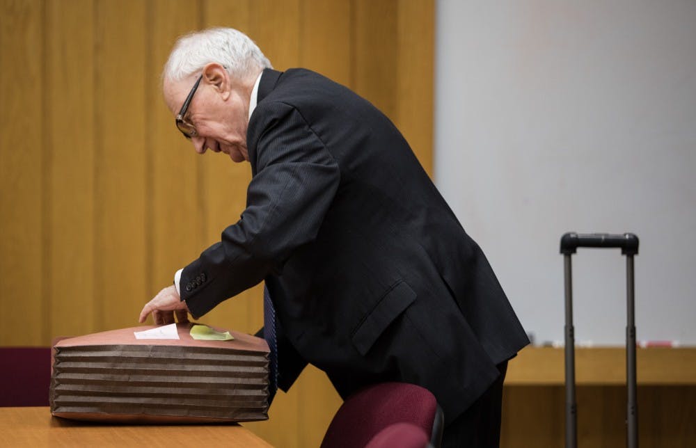 Mayer Morganroth, attorney of former Michigan State President Lou Anna K. Simon appears at a preliminary hearing at Eaton County District Court April 16, 2019. Simon is charged with four counts of lying to a peace officer, including two felonies.