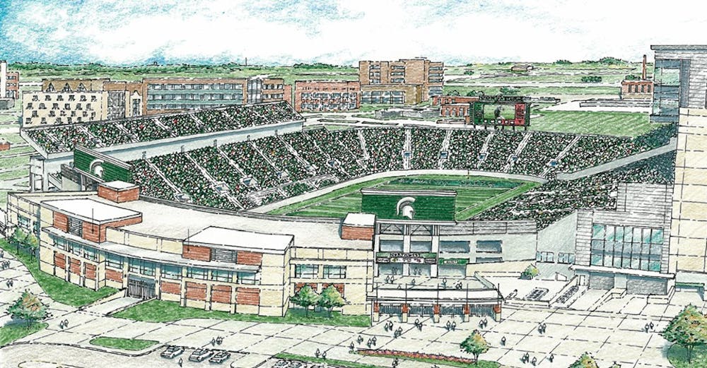 	<p>A mockup of the proposed $18 million expansion project at the north end of Spartan Stadium, sourced from a university website. The project would create a two-level addition, which includes a recruitment center on the concourse, media rooms, upgraded locker rooms and team areas and shell space for future restroom and concession areas.</p>