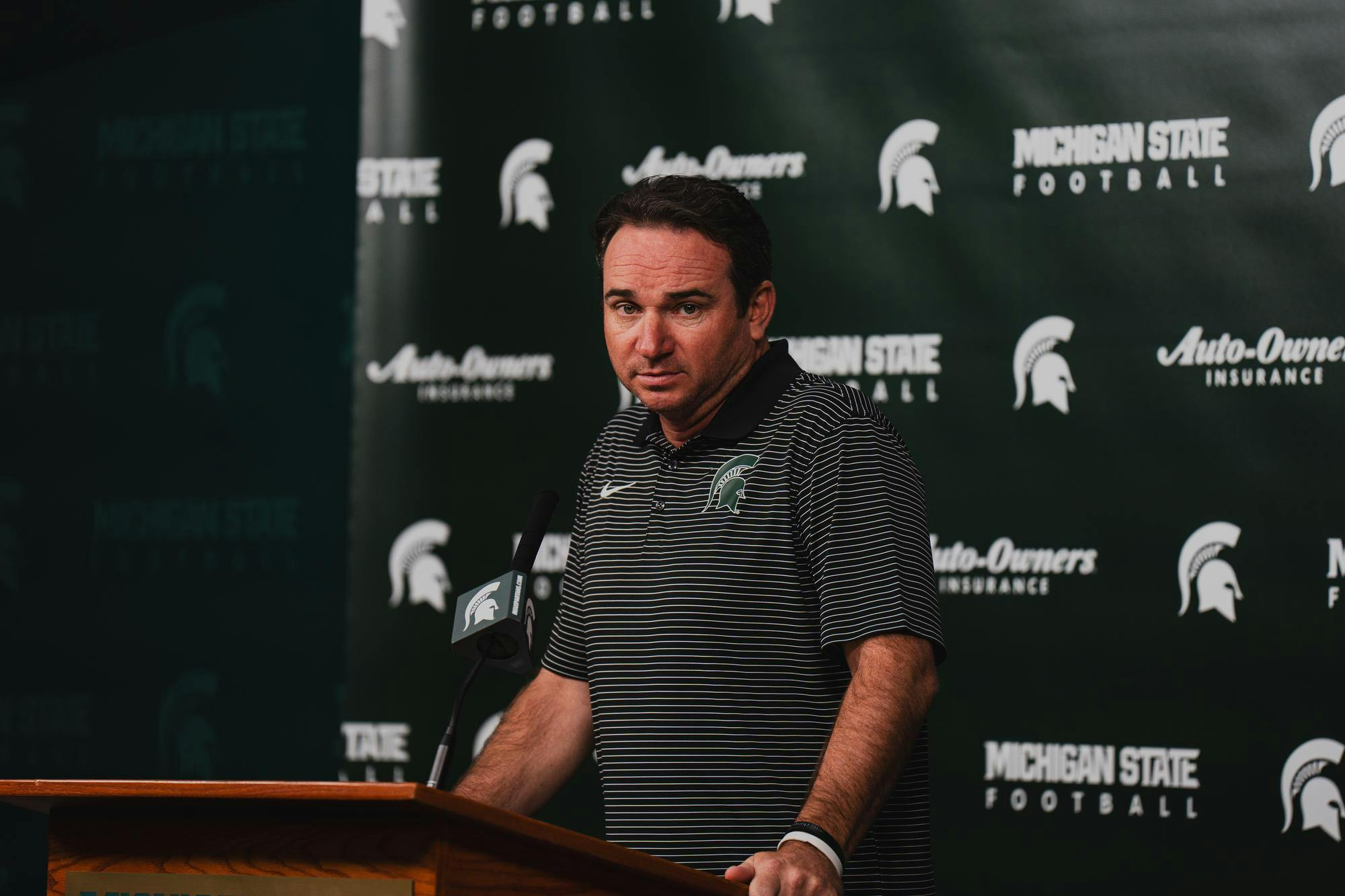 MSU football coach Jonathan Smith delivers his press conference on Monday, Sept. 23. The Spartans prepare to face off against The Ohio State Buckeyes this Saturday, looking to bounce back after a loss on the road to Boston College.
