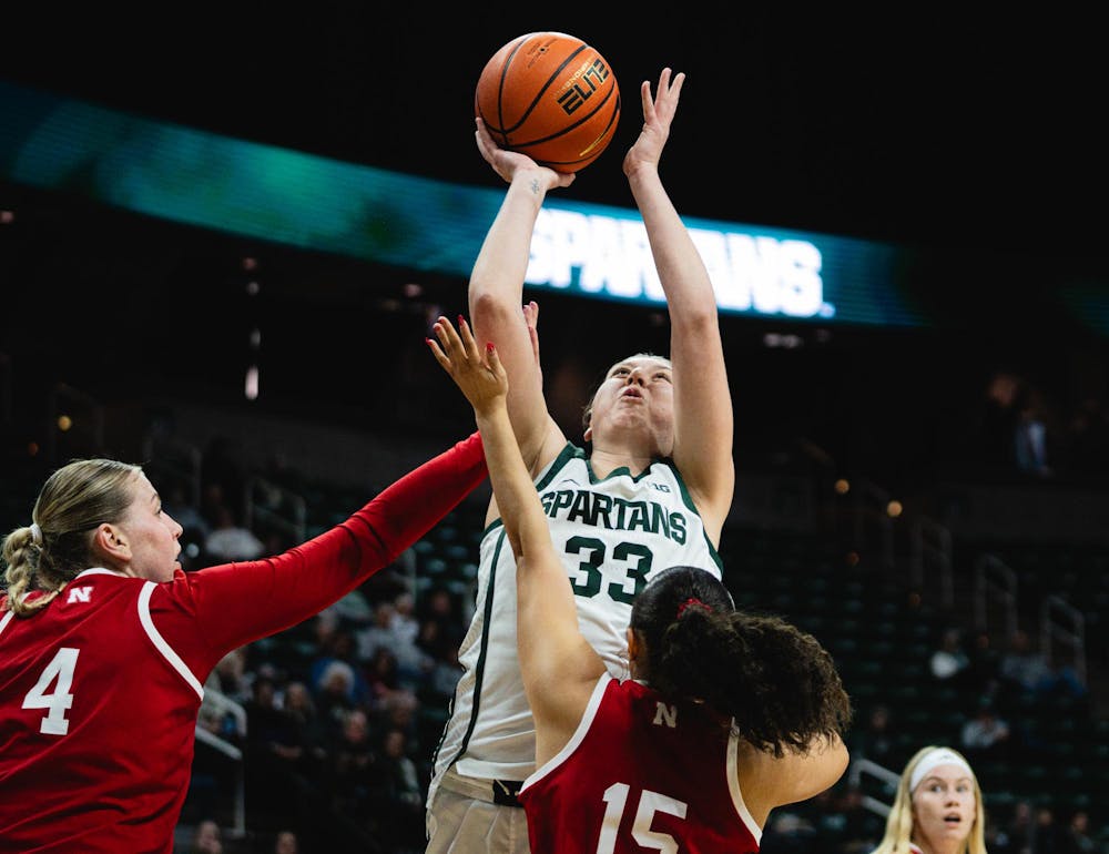 <p>MSU sophomore forward Juliann Woodard (33) shoots the ball against Nebraska at the Breslin Center in East Lansing, MI, on Jan. 15, 2026.</p>