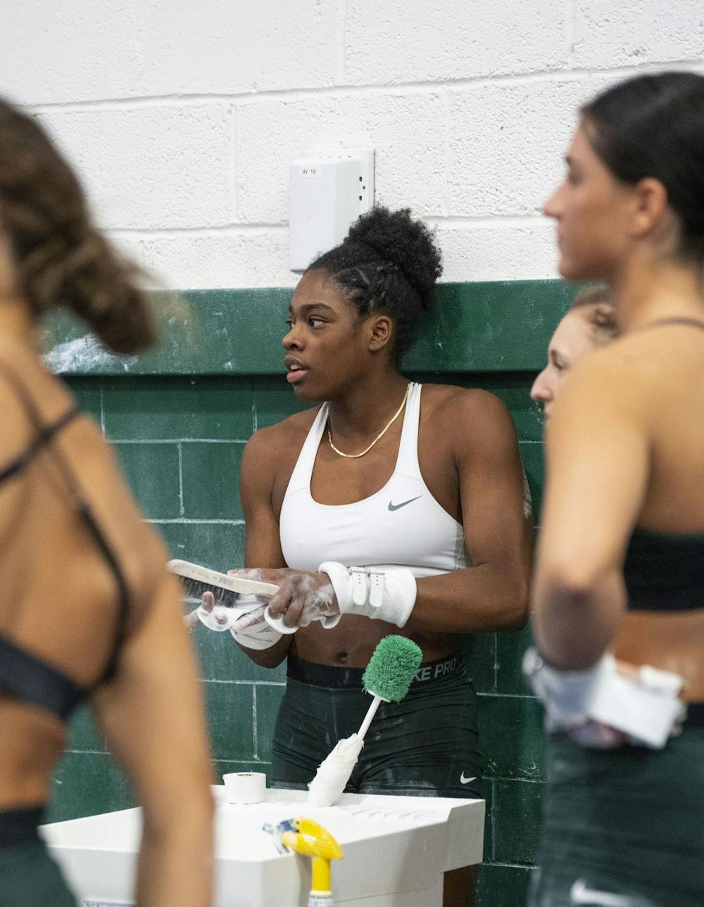 Sophomore all-around competitor Gabrielle Stephen at practice on Friday, March 24, 2023 - one week before the Spartans travel to Pittsburgh, Pa for the second round of the NCAA Regionals tournament. 