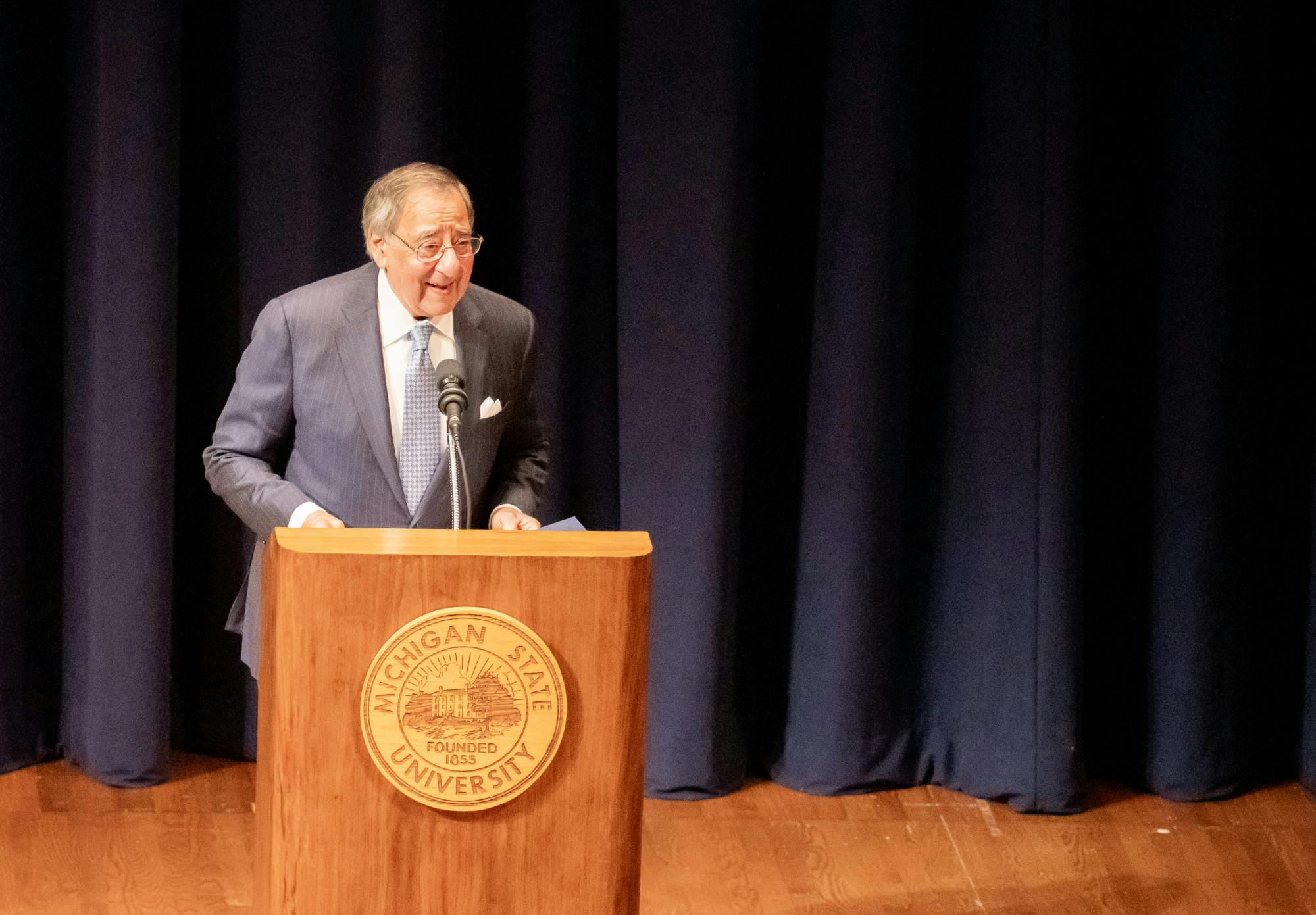 Former Defense Secretary and CIA Director, Leon E. Panetta speaks at Governor Blanchard’s Public Service Forum on campus at the Wharton Center on Nov. 29, 2022. 