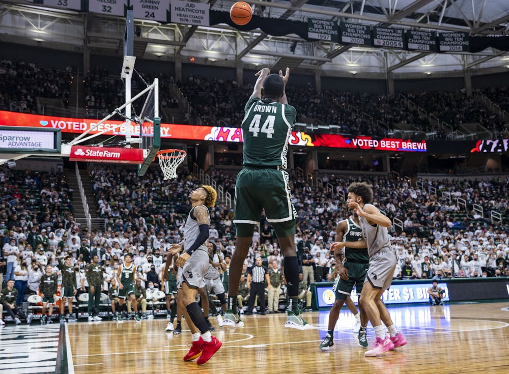 <p>Senior forward Gabe Brown shoots the ball in the Spartans&#x27; match against the Western Michigan Broncos at the Breslin Center on Friday, Nov. 12, 2021. </p>