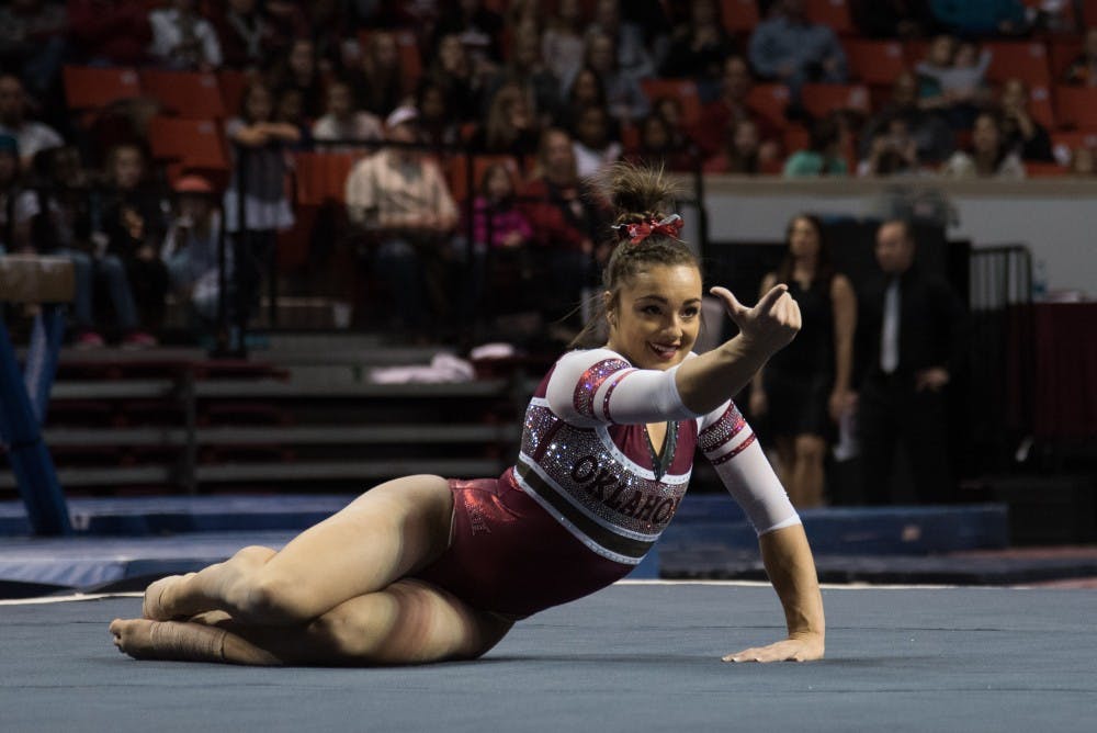 Gymnast Maggie Nichols is pictured competing. Photo courtesy of Madison Mooring and University of Oklahoma Athletic Communications.