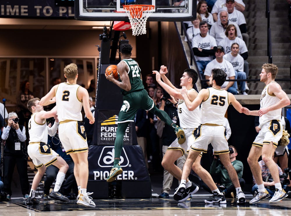 <p>Junior center Mady Sissoko (22) gets the rebound during a game against Purdue at Mackey Arena on Jan. 29, 2023. The Spartans lost to the Boilermakers 77-61.</p>