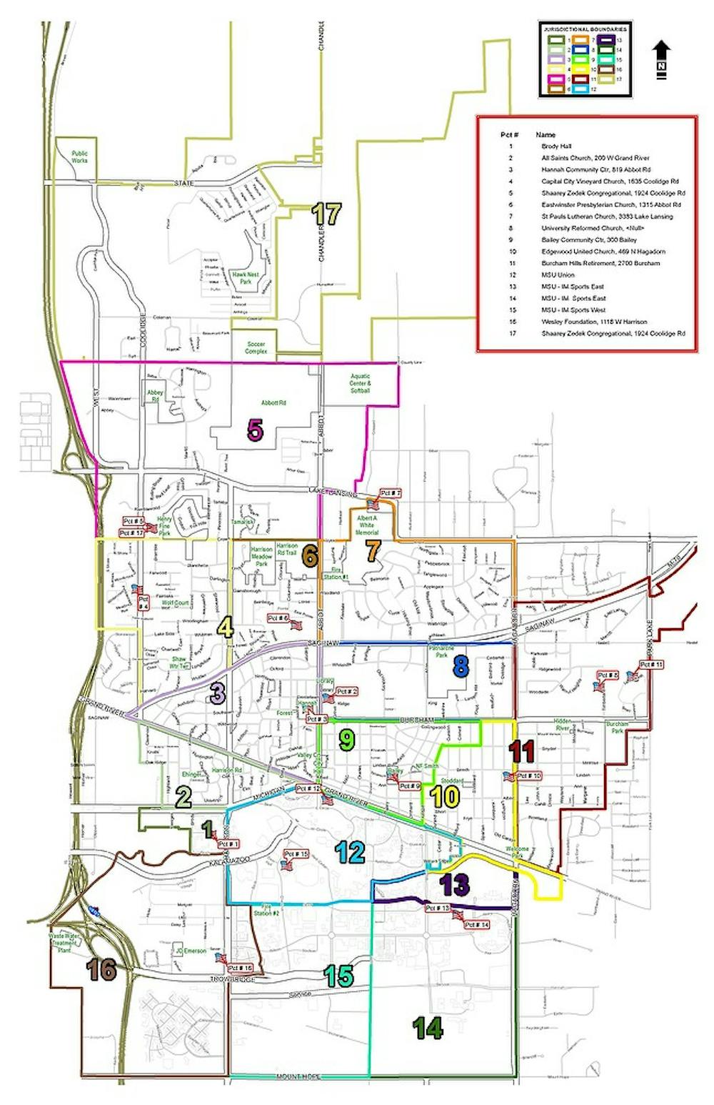 	<p>This map shows the new precinct boundary lines for East Lansing residents. City Council elected to switch up the former zones to boost polling numbers.</p>
