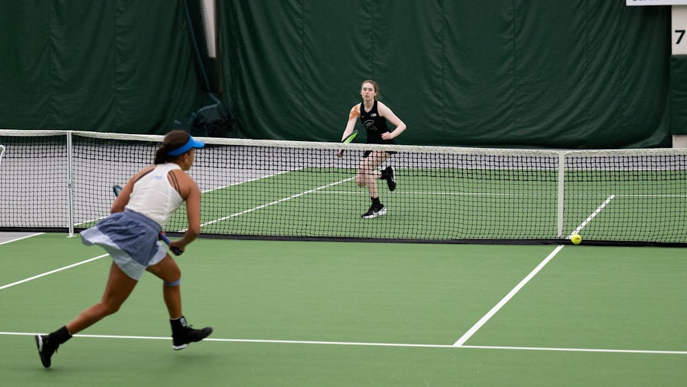 <p>MSU’s Oriana Parkins-Godwin (redshirt junior) wins a point after a long rally at the MSU Tennis Complex on Sunday, Mar. 22, 2026.</p>